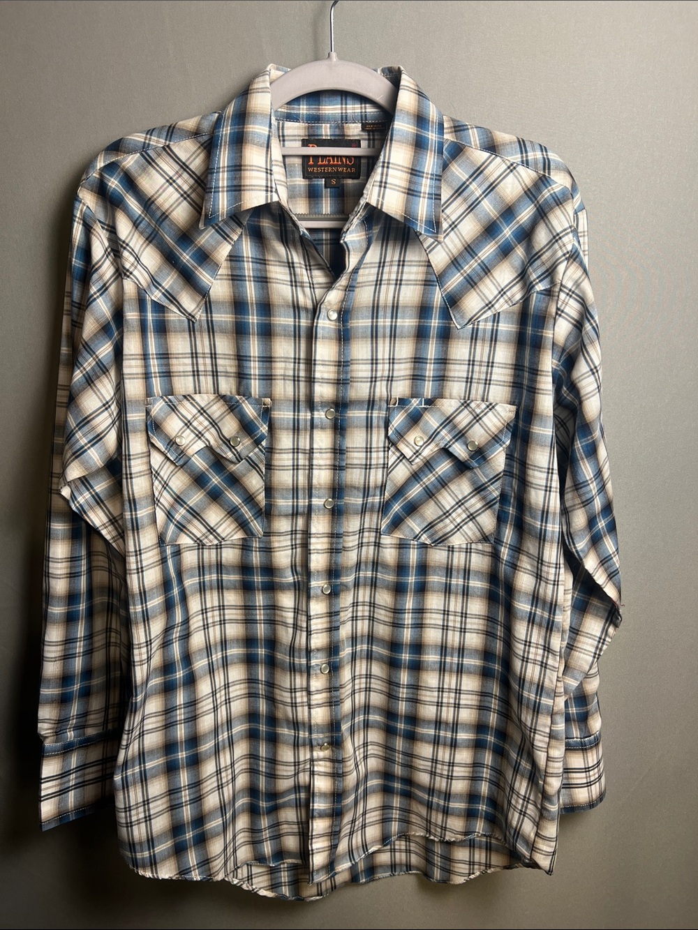 Plains Western Wear Men's Small Blue Cream Plaid Pearl Snap Western Shirt